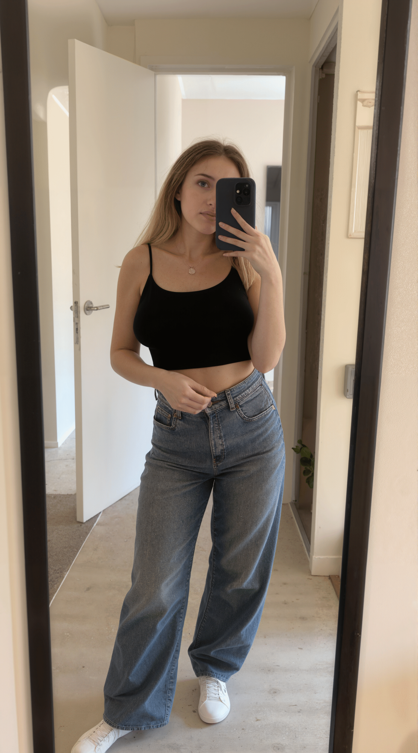 Woman in black crop top and wide-leg jeans taking a mirror selfie