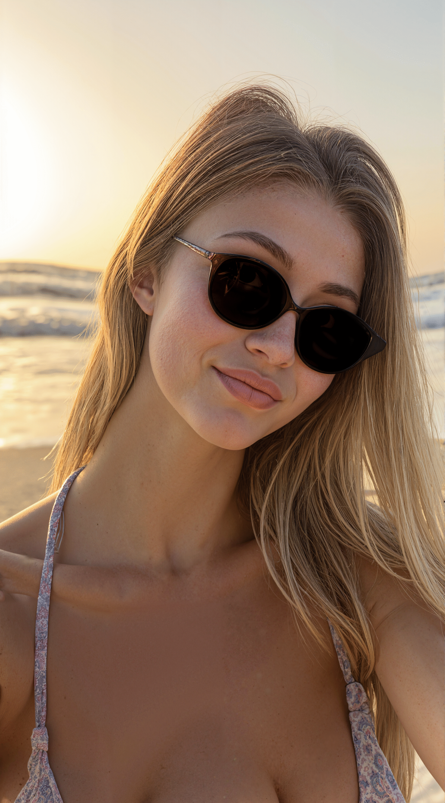 Close-up of a woman smiling at sunset on the beach wearing sunglasses