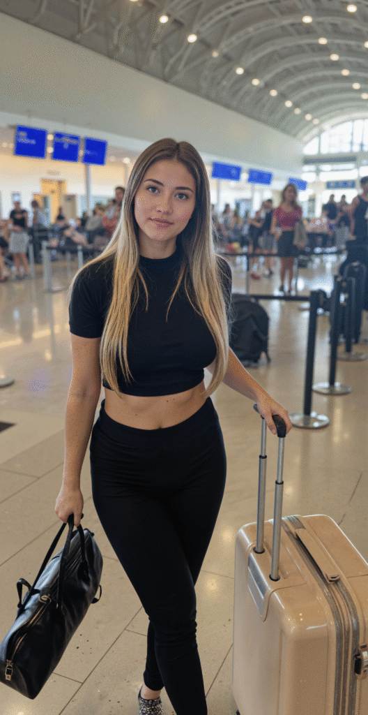 Kalya walking confidently through an airport with a suitcase and handbag, wearing a black crop top and leggings